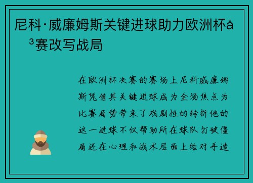 尼科·威廉姆斯关键进球助力欧洲杯决赛改写战局