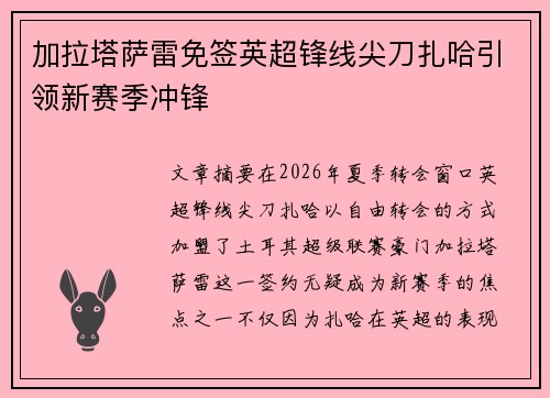 加拉塔萨雷免签英超锋线尖刀扎哈引领新赛季冲锋