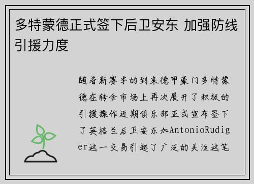 多特蒙德正式签下后卫安东 加强防线引援力度